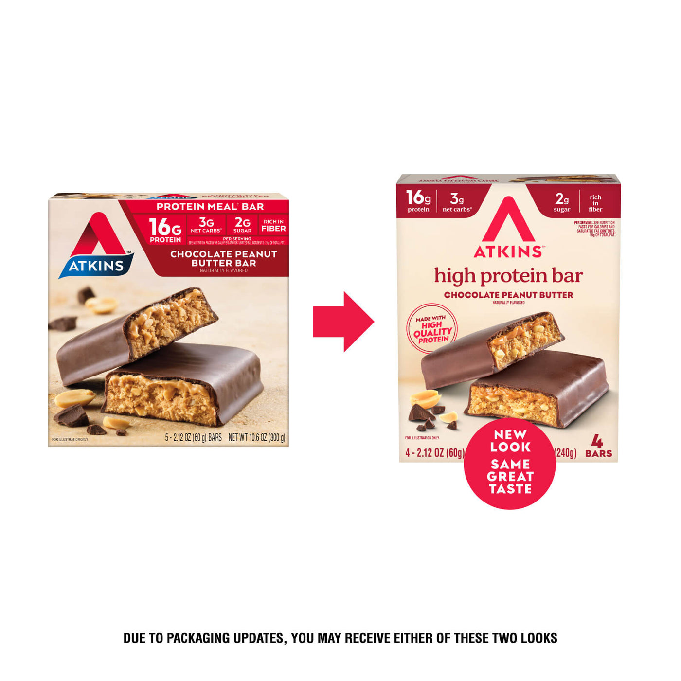 Two versions of Atkins high protein bars packaging with an arrow and text indicating a new look.
