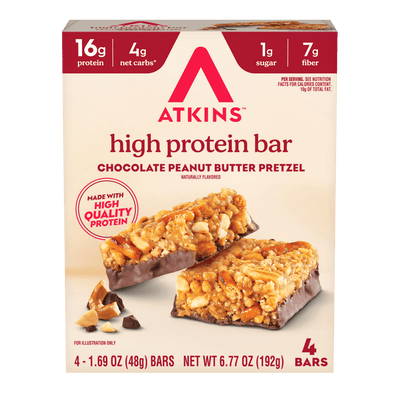 Box of Atkins high protein bar with chocolate peanut butter pretzel flavor 