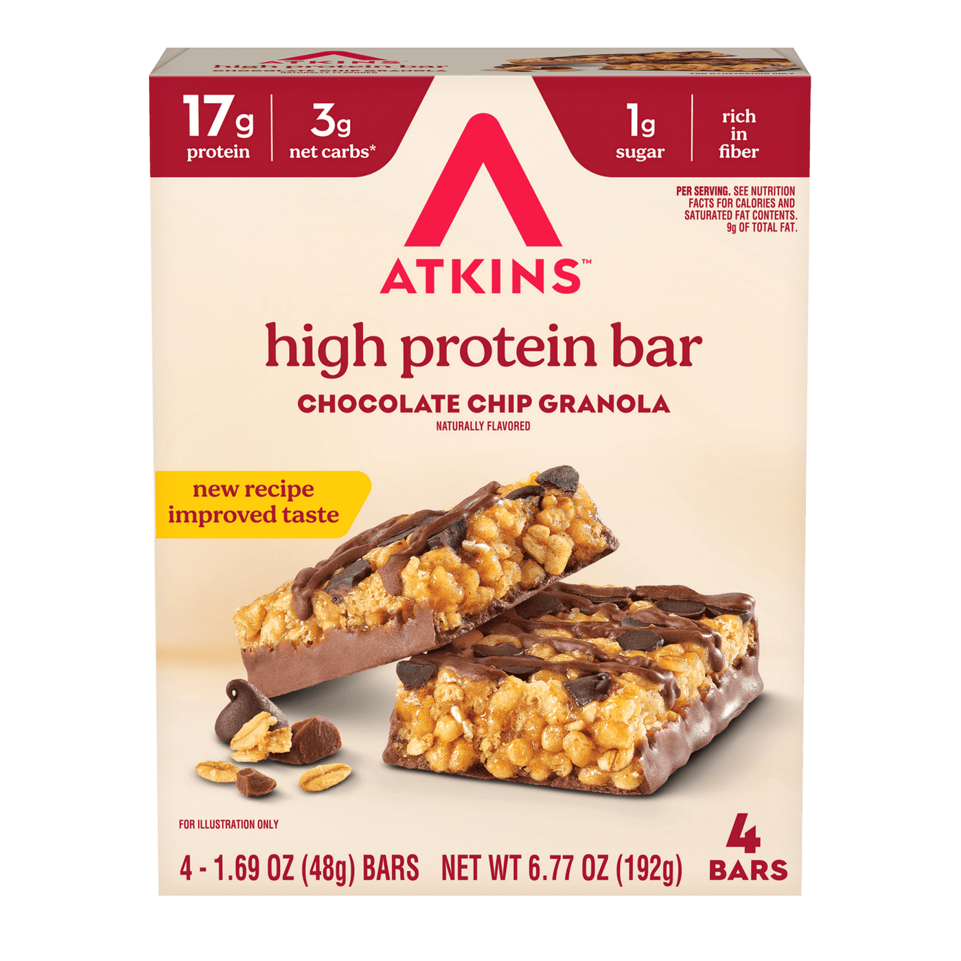 Box of Atkins high protein bars with chocolate chip granola flavor 