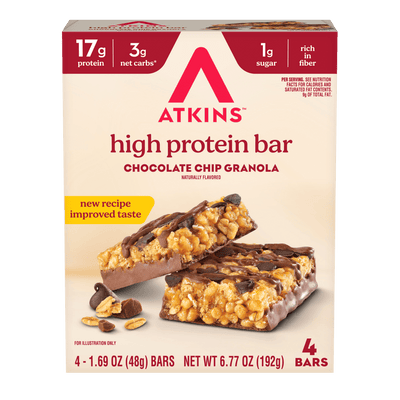 Box of Atkins high protein bars with chocolate chip granola flavor 
