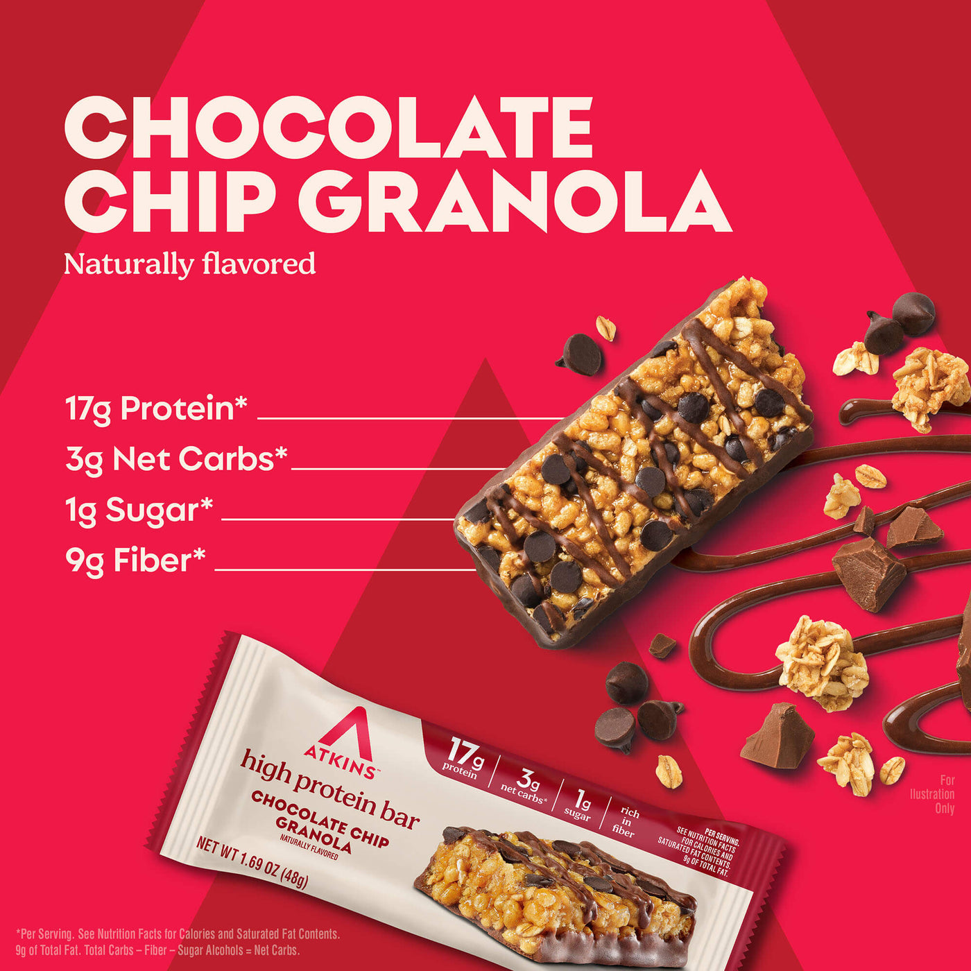 Atkins chocolate chip granola protein bar on a red background with nutritional information.