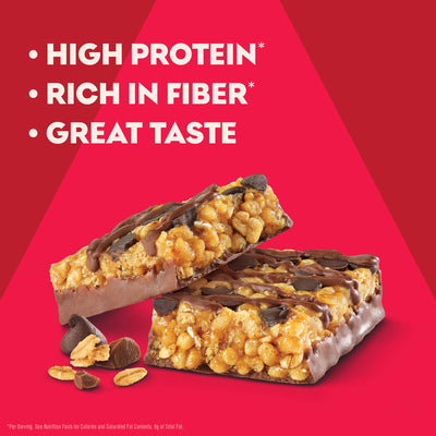 Chocolate-covered cereal bars with text highlighting high protein, fiber, and great taste on a red background