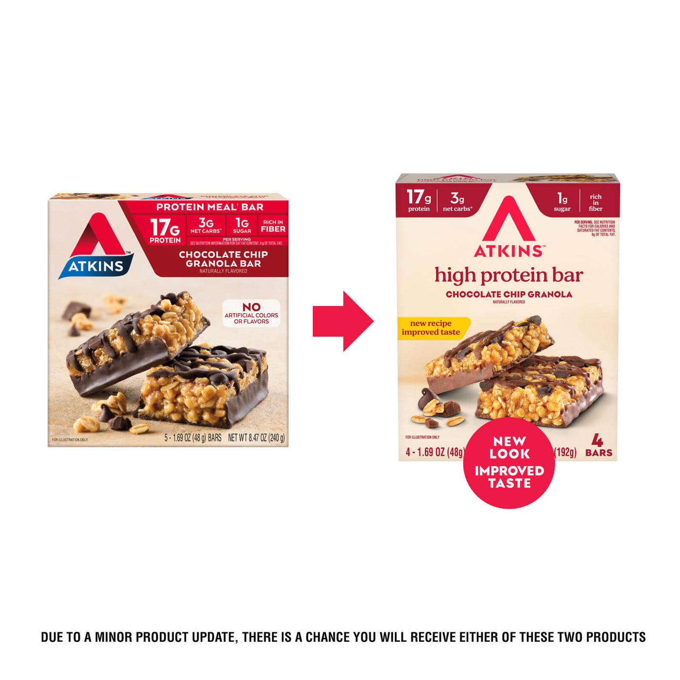 Two boxes of Atkins high protein bars with an arrow indicating a product update.