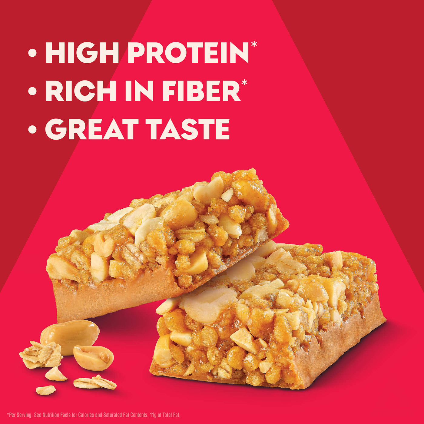 Two protein bars with a red background and text highlighting high protein, fiber, and great taste.