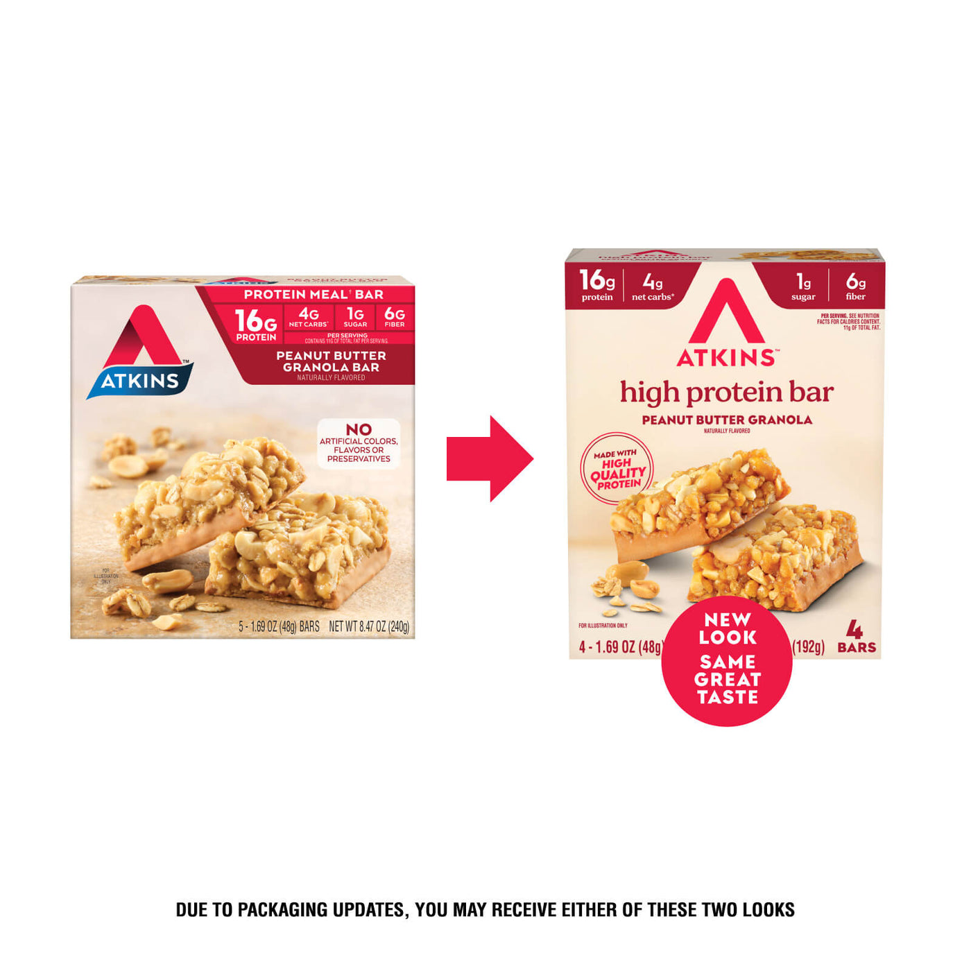 Two packages of Atkins high protein bars with a red arrow pointing to the new packaging design.