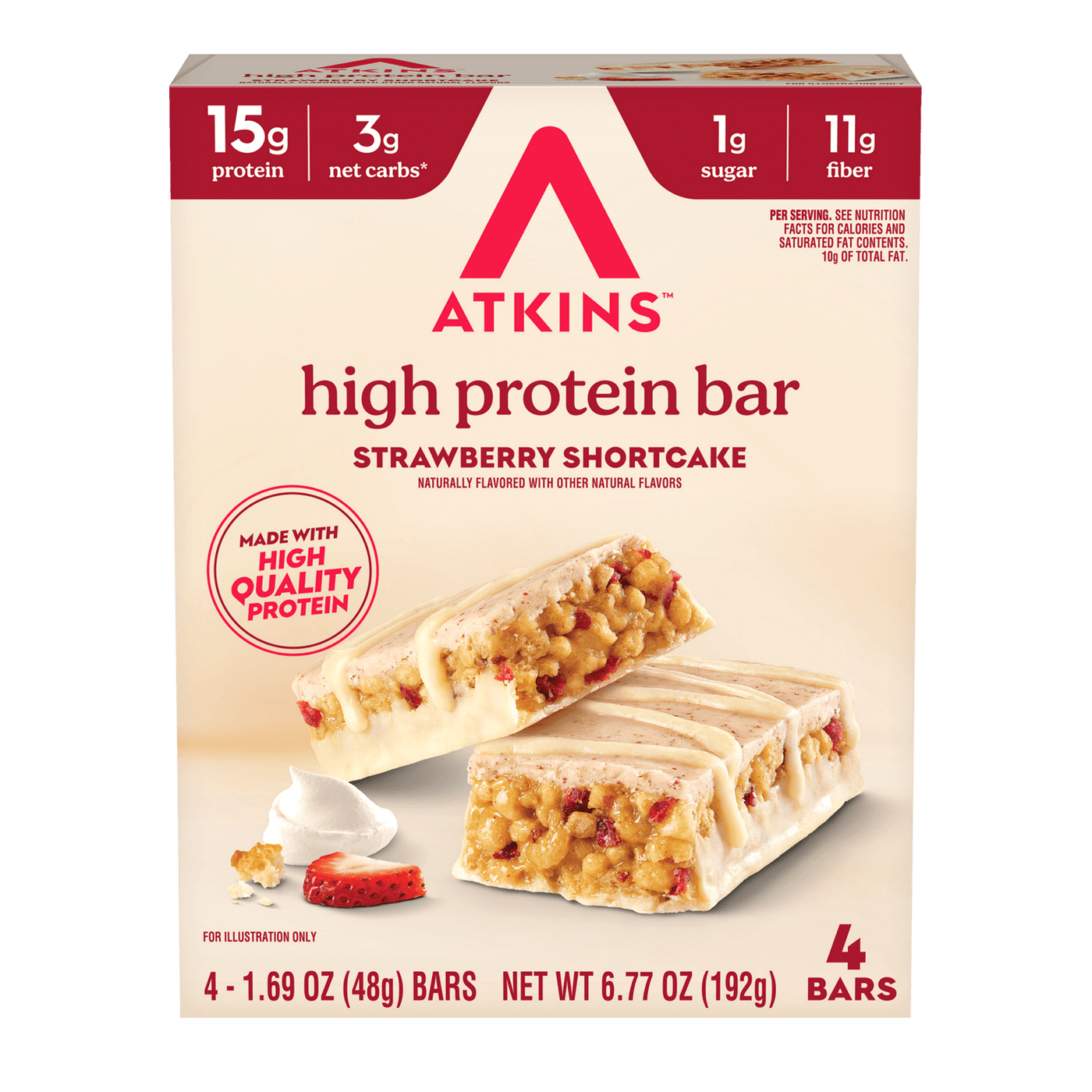 Atkins high protein bar packaging for strawberry shortcake flavor 