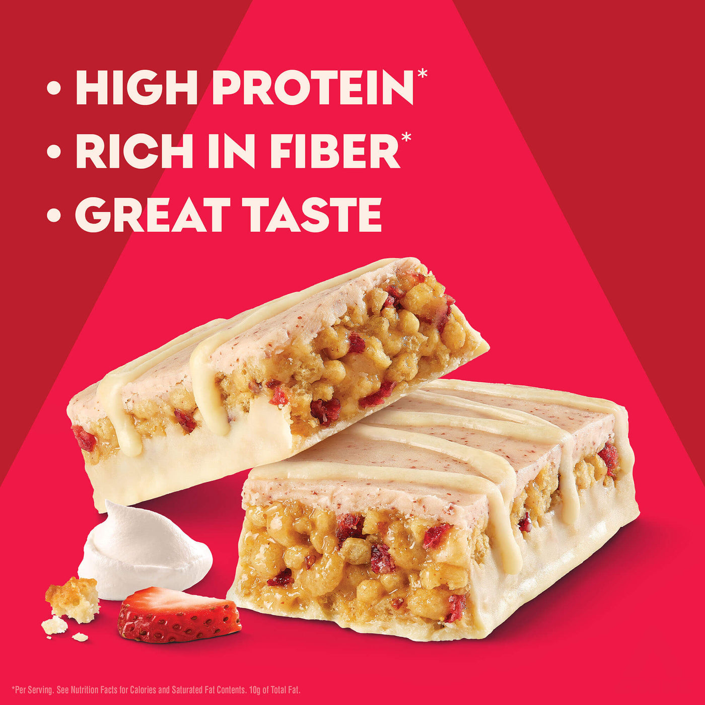 Two protein bars with a red background and text highlighting their benefits.