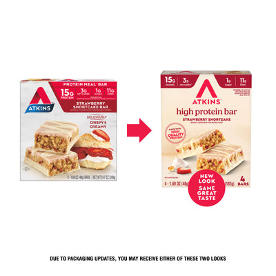 Two boxes of Atkins high protein bars with a red arrow and text indicating packaging update.