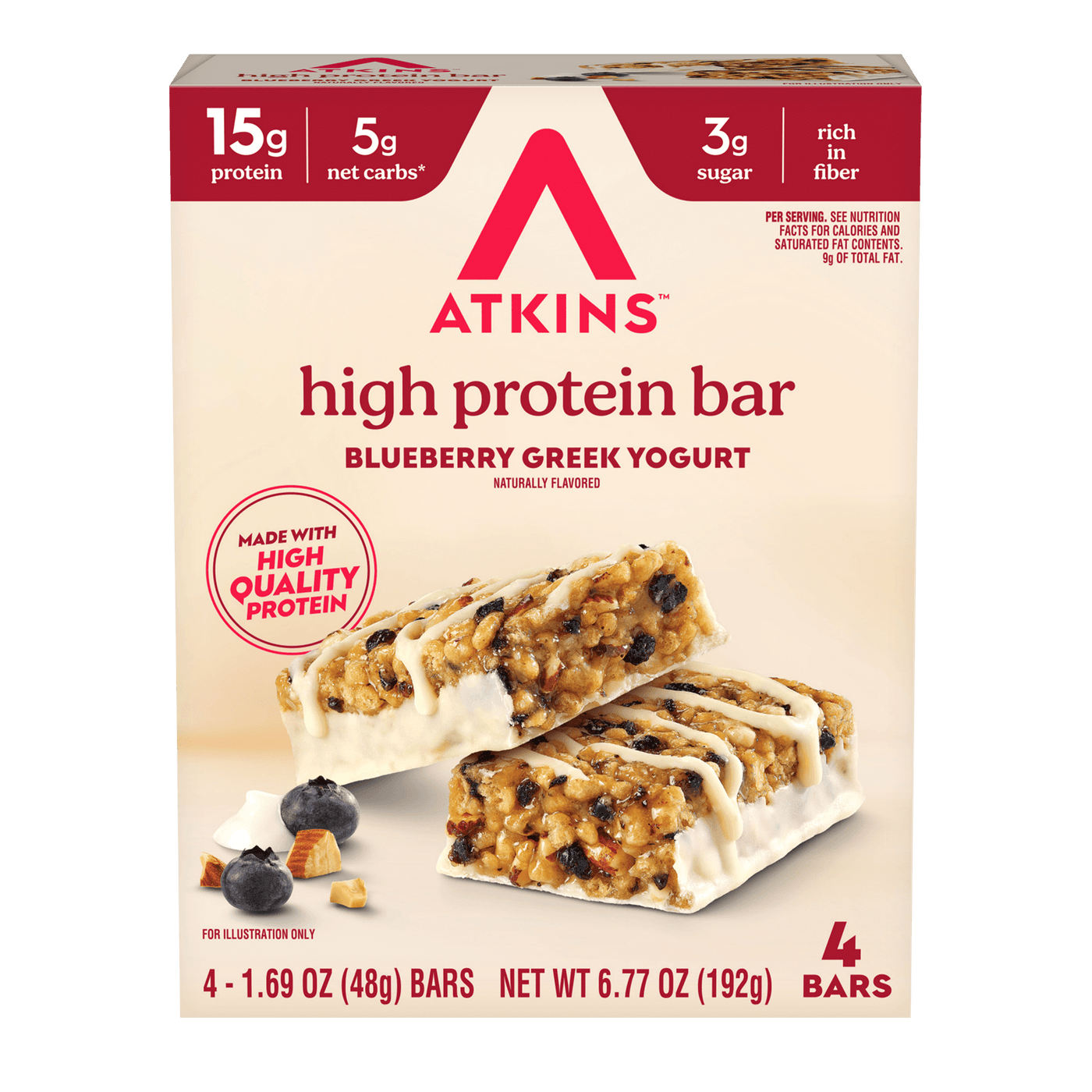 Box of Atkins high protein bars with blueberry Greek yogurt flavor 