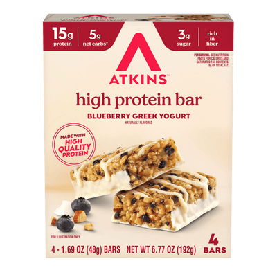 Box of Atkins high protein bars with blueberry Greek yogurt flavor 