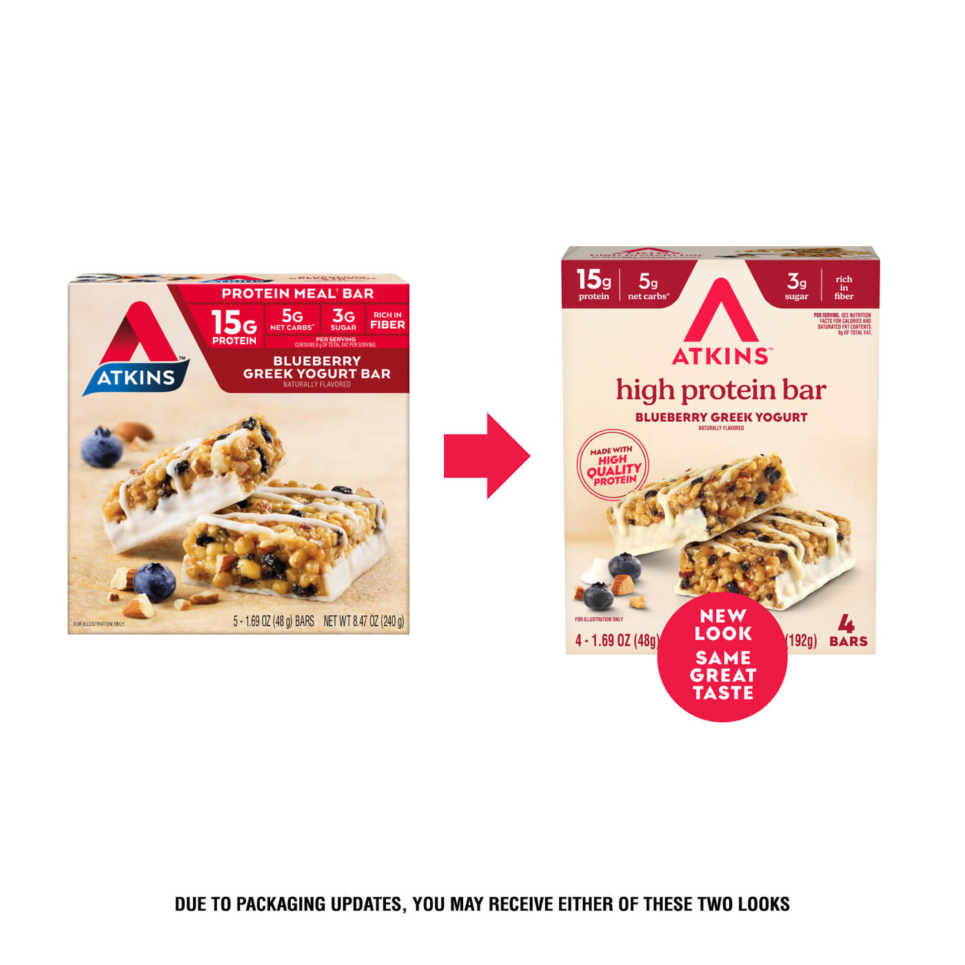 Two packages of Atkins high protein bars with a red arrow pointing to the new packaging design.