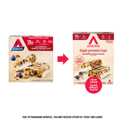 Two packages of Atkins high protein bars with a red arrow pointing to the new packaging design.