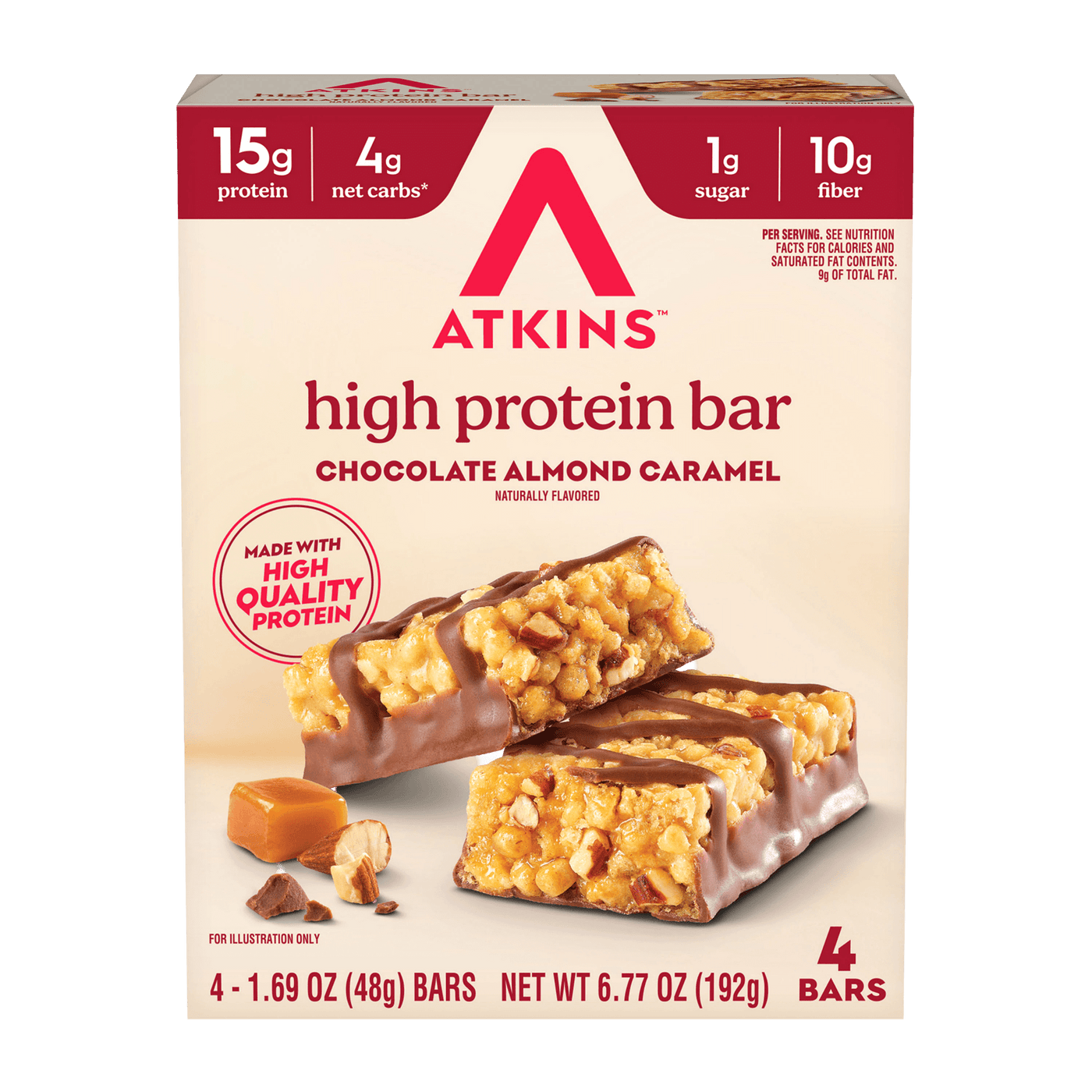 Box of Atkins high protein bars in chocolate almond caramel flavor