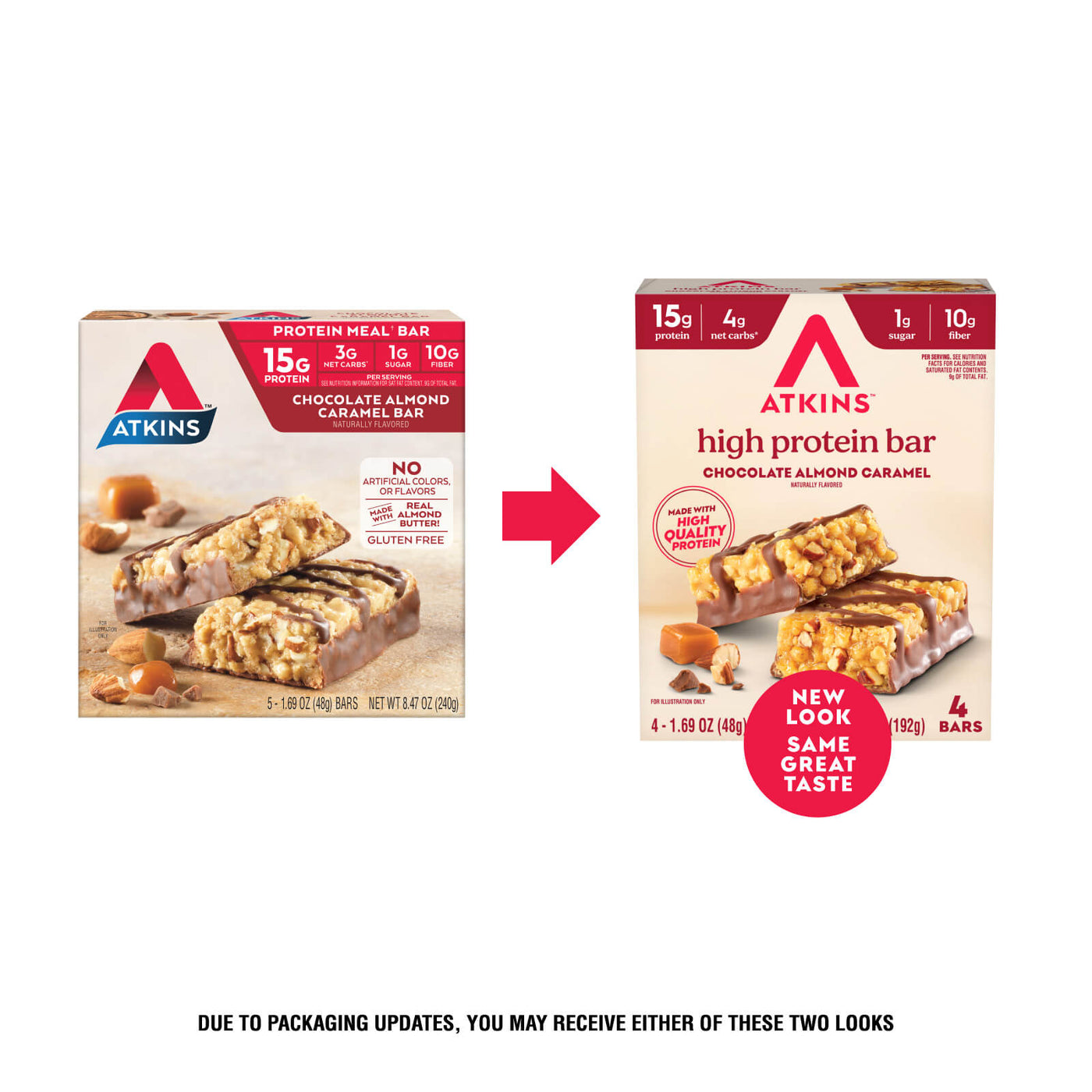 Two packages of Atkins high protein bars with a red arrow pointing to the new packaging design.