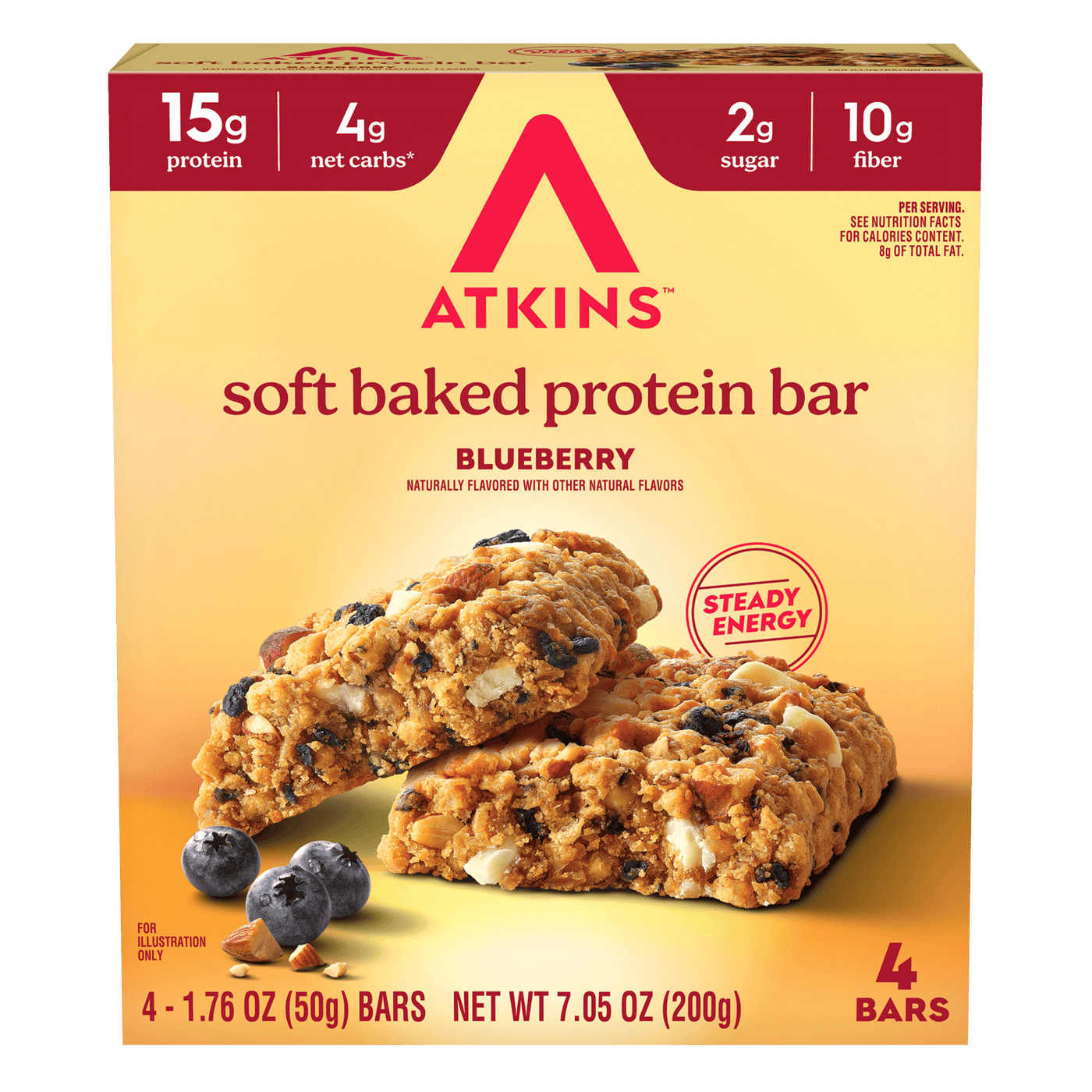 Box of Atkins soft baked protein bars with blueberry flavor 