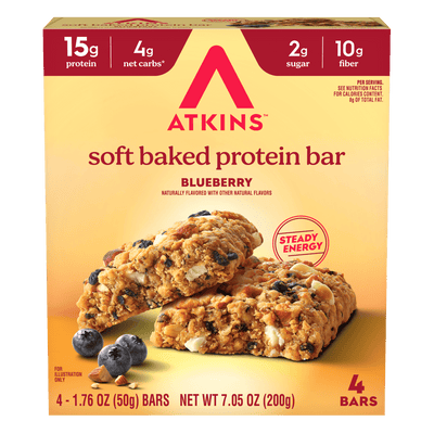 Box of Atkins soft baked protein bars with blueberry flavor 