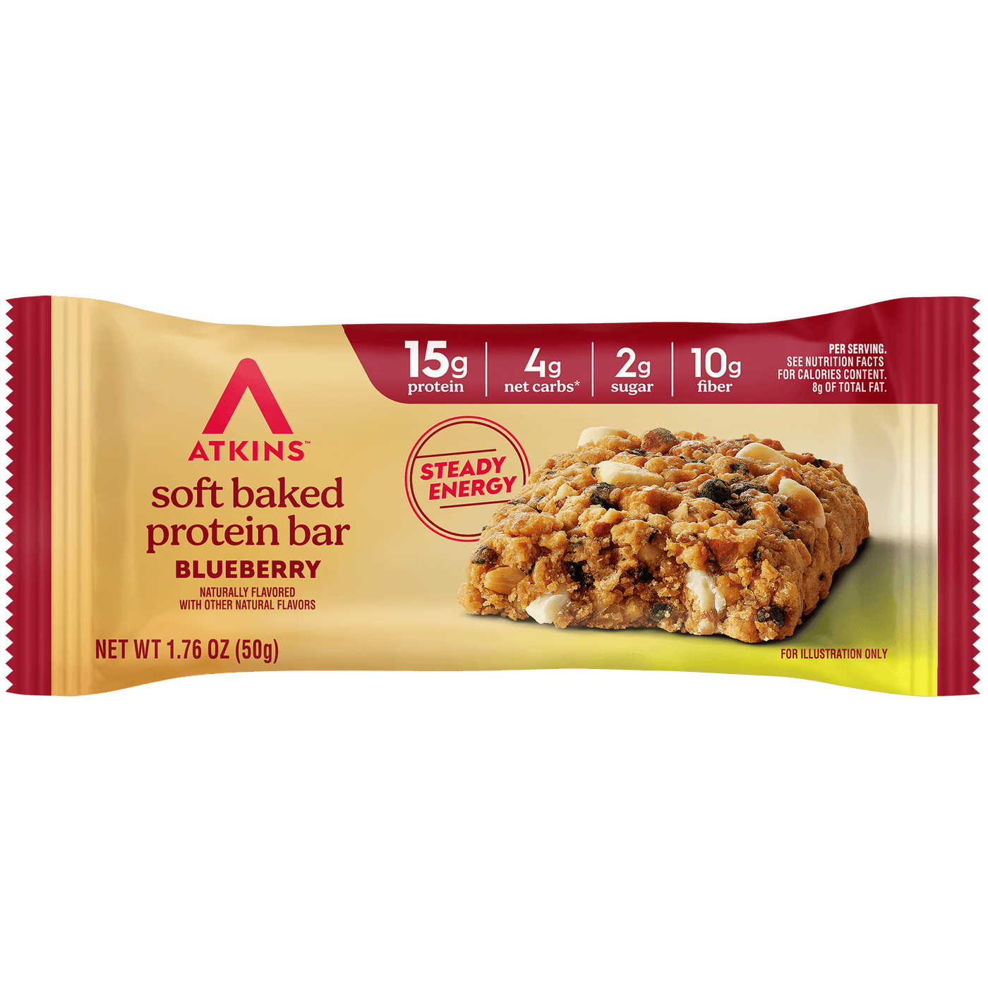 Atkins soft baked protein bar packaging with blueberry flavor