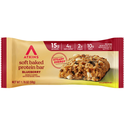 Atkins soft baked protein bar packaging with blueberry flavor