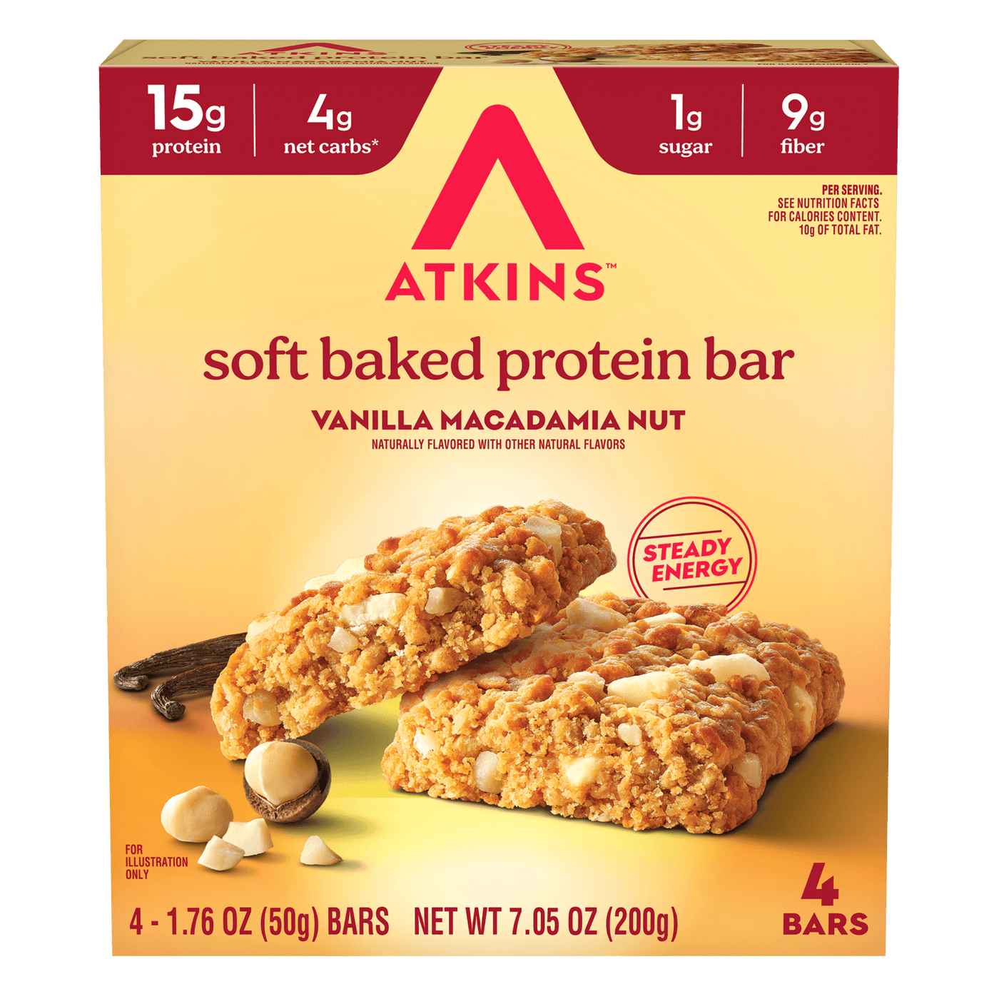  Atkins soft baked protein bar packaging with vanilla macadamia nut flavor 