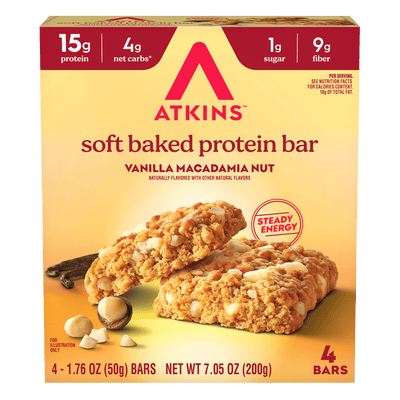  Atkins soft baked protein bar packaging with vanilla macadamia nut flavor 