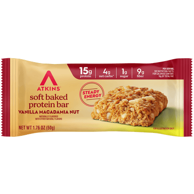  Atkins soft baked protein bar packaging with vanilla macadamia nut flavor 