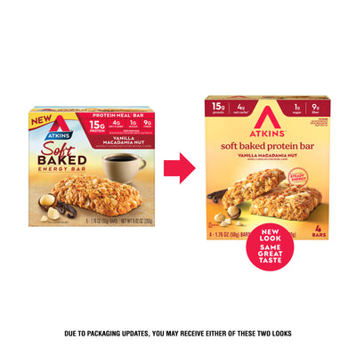 Vanilla Macadamia Nut High Protein Soft Baked Bars Old VS New packaging; Due to packaging updates, you may receive either of these two looks