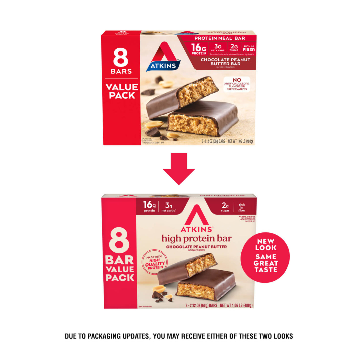 Chocolate Peanut Butter Bar Value Pack Old VS New packaging; Due to packaging updates, you may receive either of these two looks