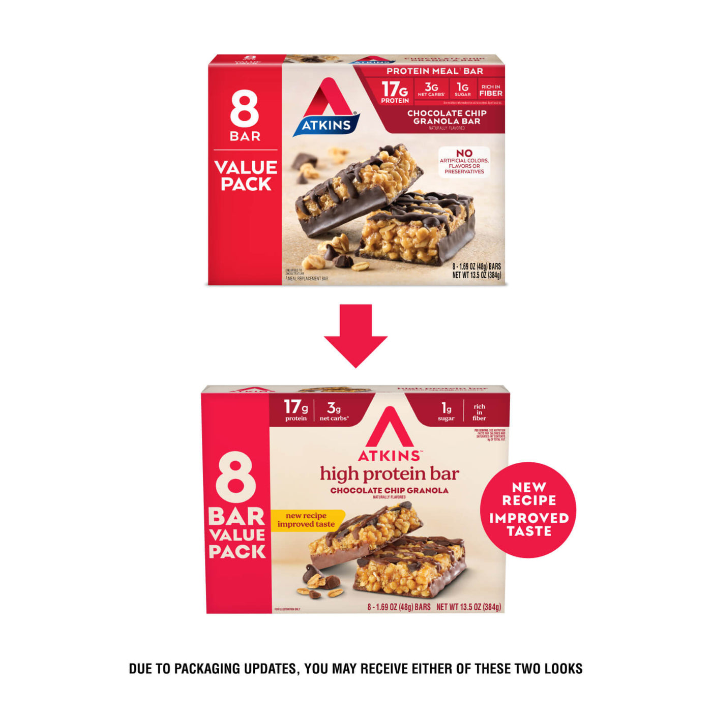 Chocolate Chip Granola Bar Value Pack Old VS New packaging; Due to packaging updates, you may receive either of these two looks