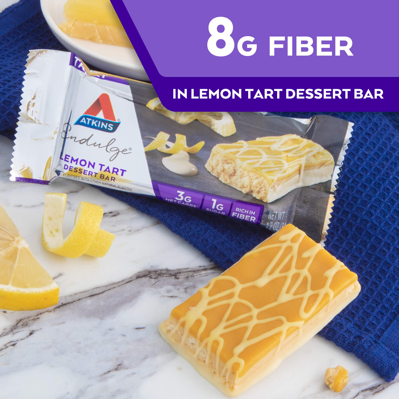 8g fiber in Endulge Lemon Tart Dessert Bar