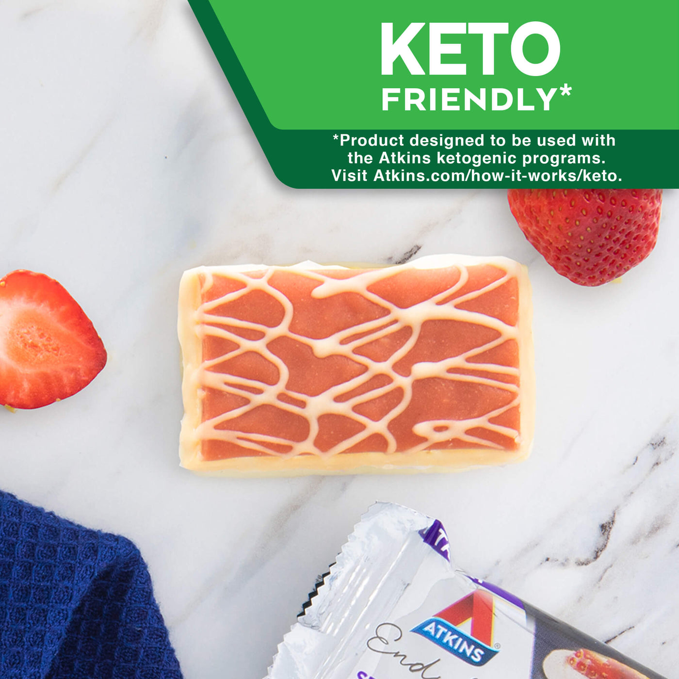 Endulge Strawberry Cheesecake Dessert Bar. Keto the Atkins Way* *Product designed to be used with Atkins ketogenic programs. Visit Atkins.com/how-it-works/keto.
