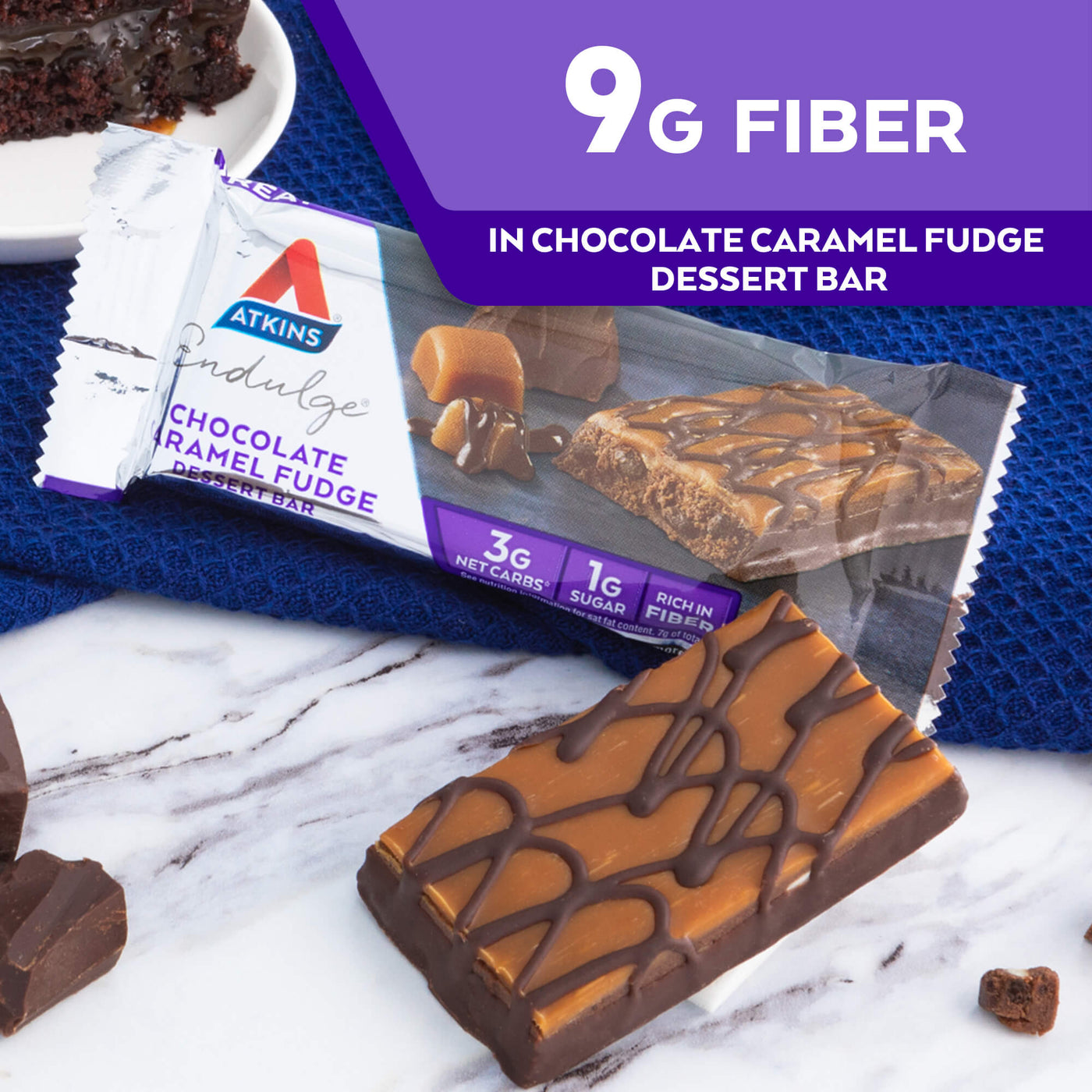 9G Fibers in Endulge Chocolate Caramel Fudge Dessert Bar
