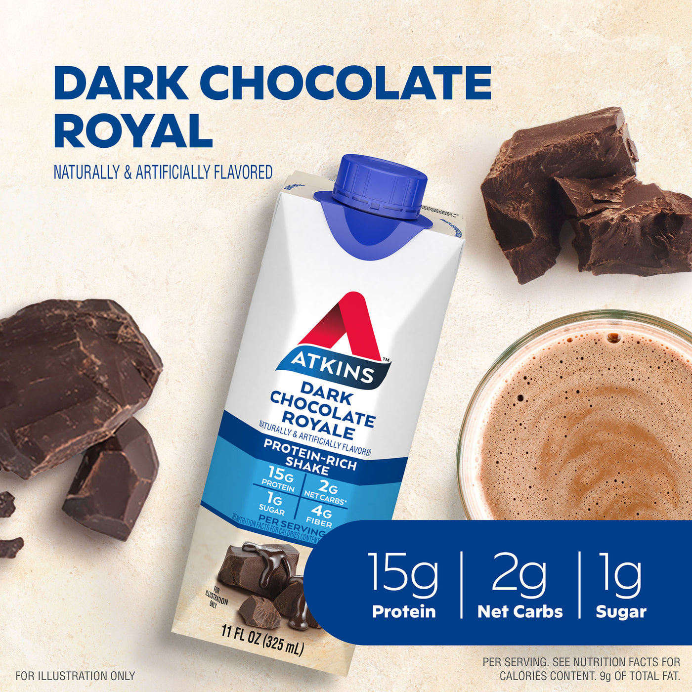 Dark Chocolate Royale naturally & artificially flavored. 2G Net Carbs, 15G Protein, 1G Sugar. *Contain 9G of total fat per serving. See nutrition Facts for calories content.