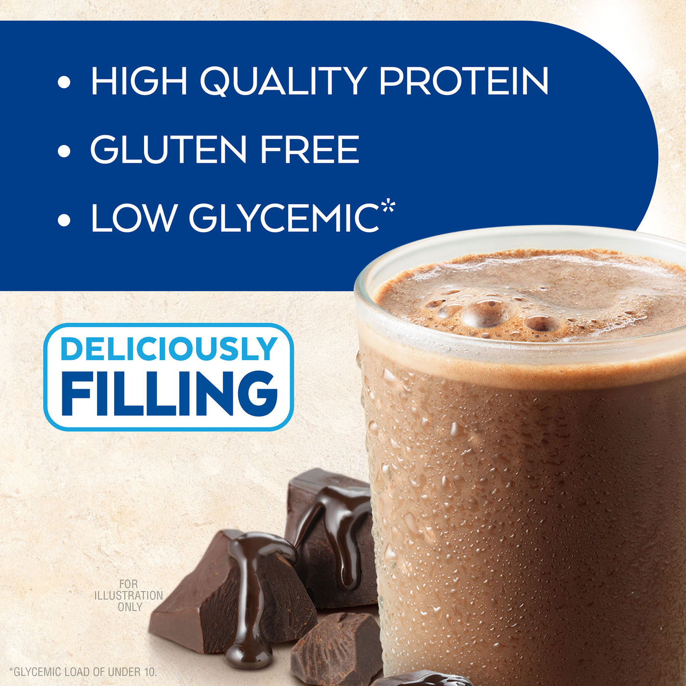 Dark Chocolate Royale Shake; High quality protein. Gluten Free. Low Glycemic*. Deliciously filling. For Illustration only. *Glycemic load of under 10