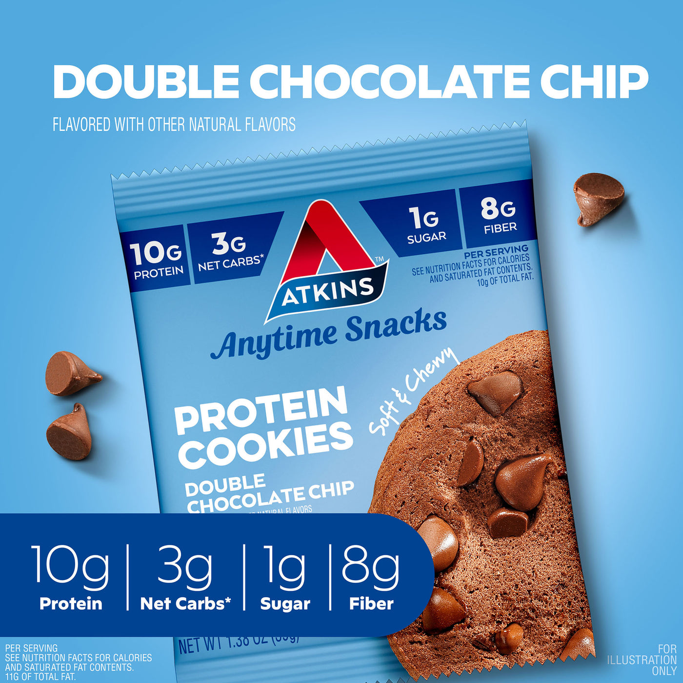 Double Chocolate Chip flavored with other natural flavors 10g protein, 3g net carbs*, 1g sugar, 8g fiber