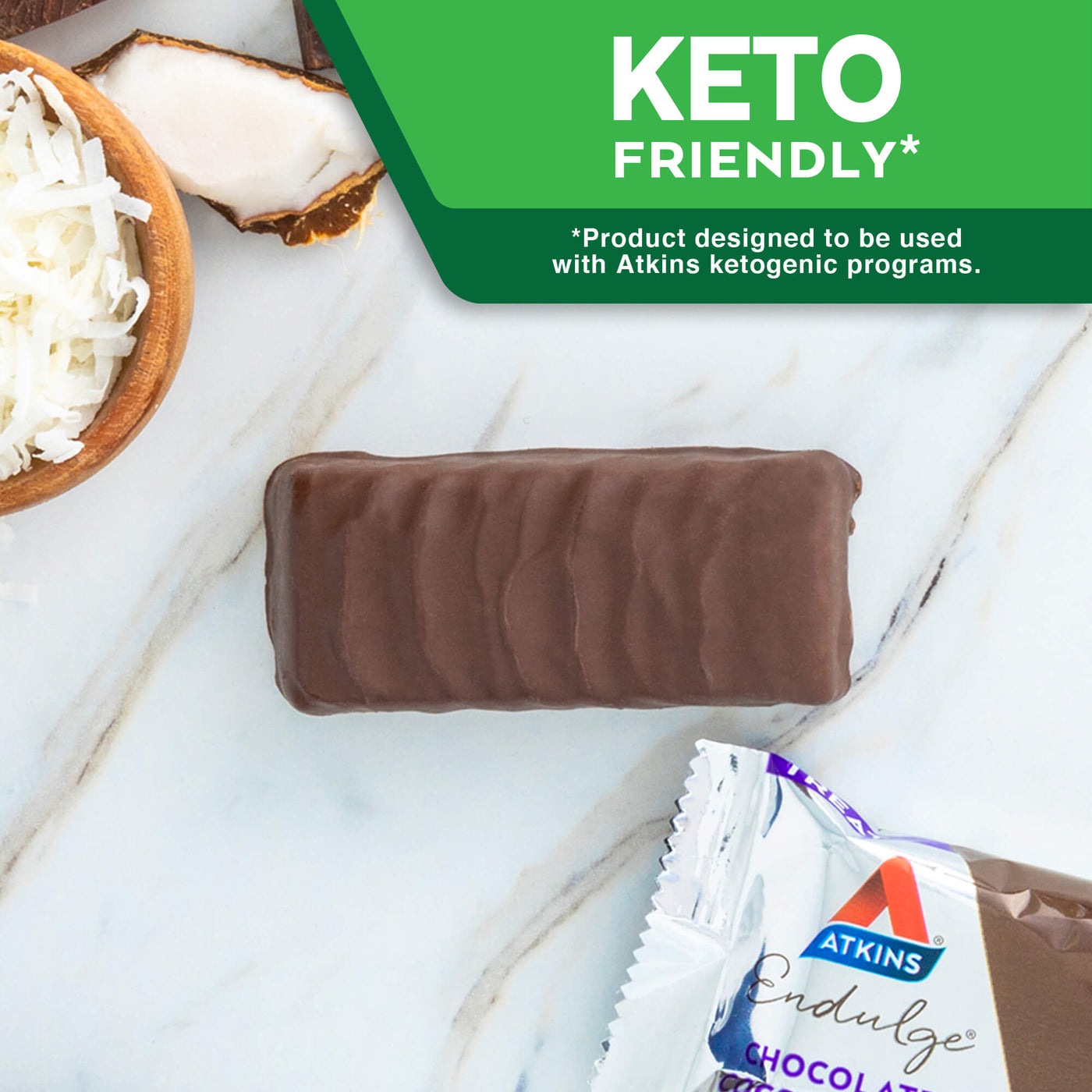 Endulge Chocolate Coconut Bar. Keto the Atkins Way* *Product designed to be used with Atkins ketogenic programs.