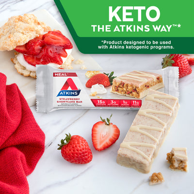Strawberry Shortcake Bar with strawberries, shortcake and red cloth on marble table; Keto The Atkins Way* *Product designed to be used with Atkins ketogenic programs.