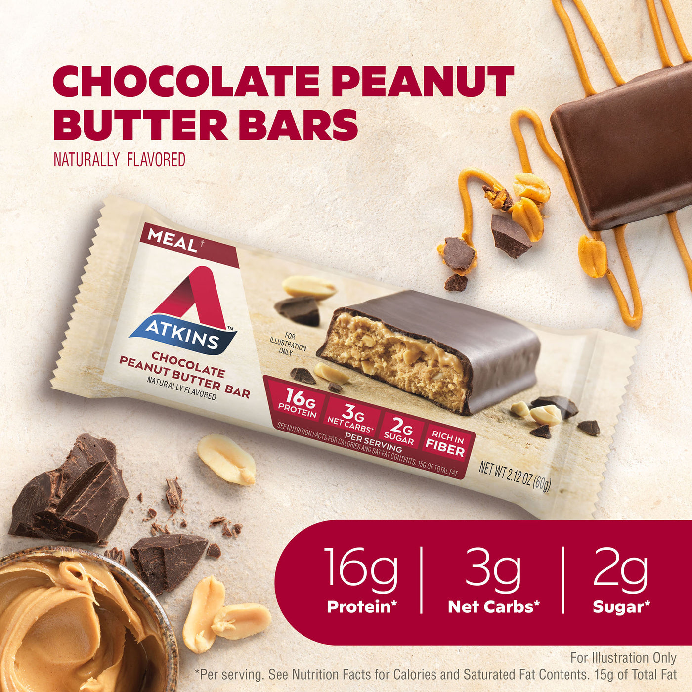 Chocolate Peanut Butter Bar with peanut, peanut butter and chocolate; naturally flavored 16G Protein*, 3G Net Carbs*, 2G Sugar*. For Illustration Only. *Per serving. See Nutrition Facts for Calories and Saturated Fat Contents. 15G of Total Fat