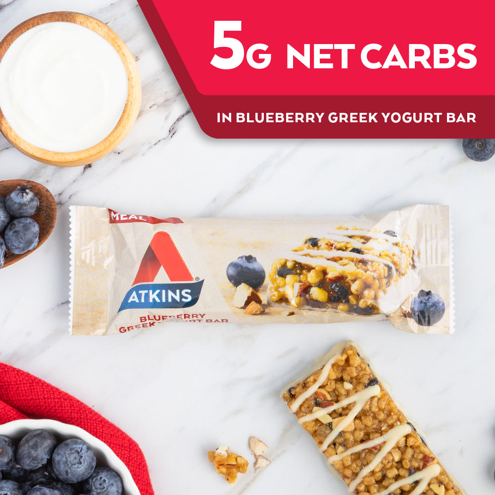 Blueberry Greek Yogurt Bar with blueberries, yogurt on marble table; 5G Net Carbs in Blueberry Greek Yogurt Bar