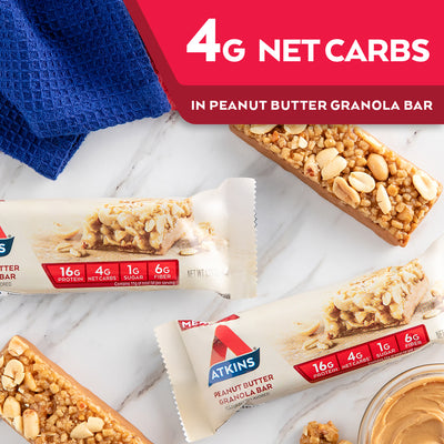 Peanut Butter Granola Bar with peanuts butter and blue cloth on marble table; 4G Net Carbs in Peanut Butter Granola Bar