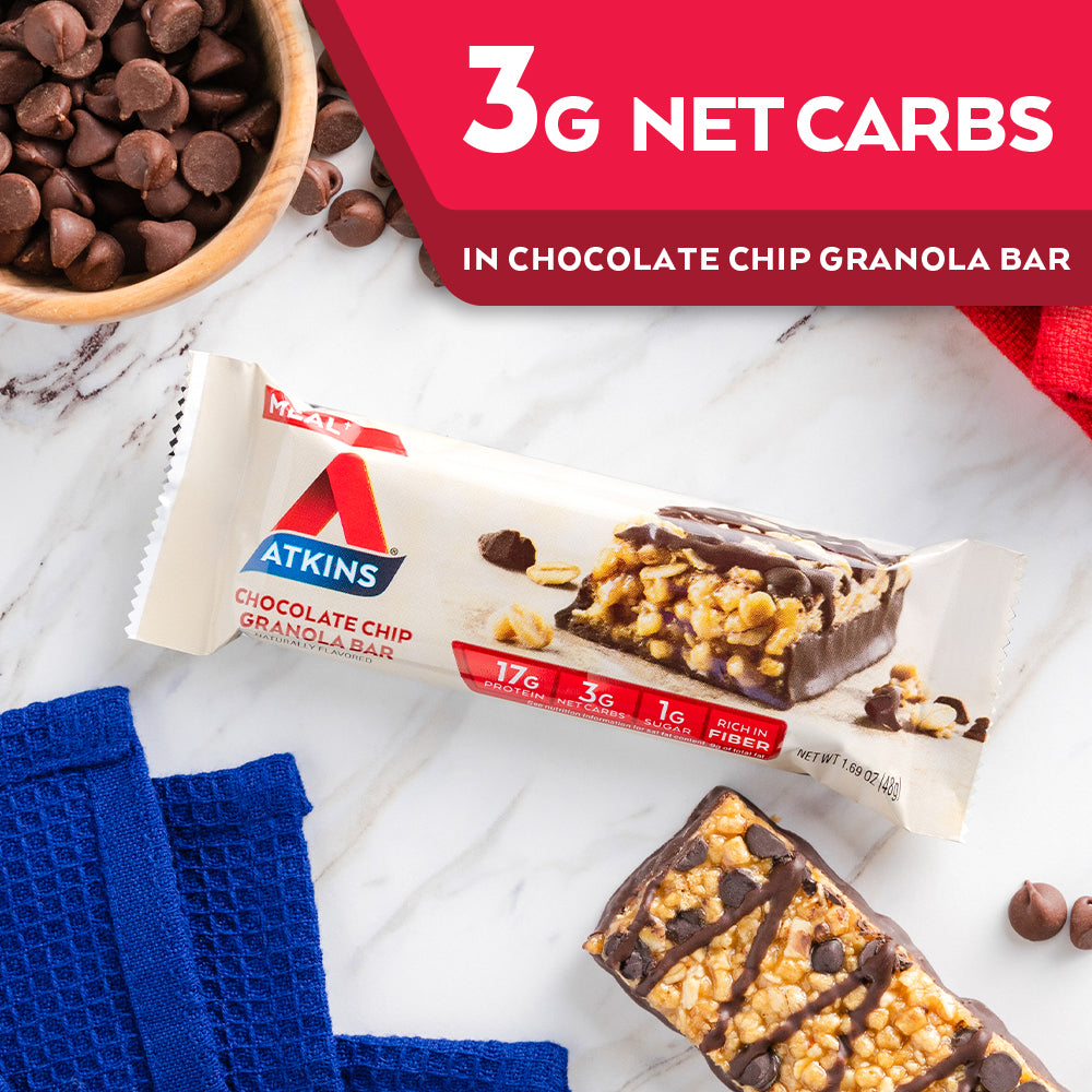 Chocolate Chip Granola Bar with chocolate chips and blue cloth on marble table; 3G Net Carbs Chocolate Chip Granola Bar 