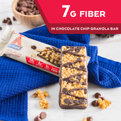 Chocolate Chip Granola Bar with chocolate chips and blue cloth on marble table; 7G Fiber Chocolate Chip Granola Bar 