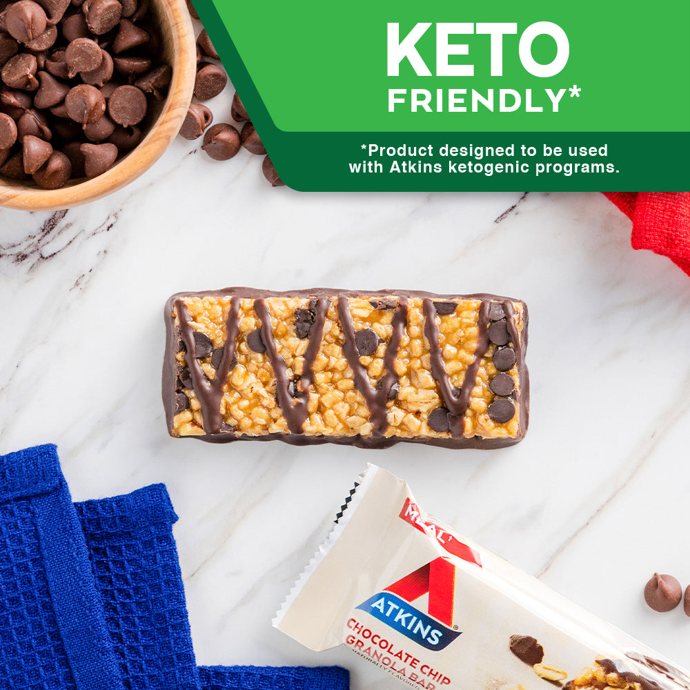 Chocolate Chip Granola Bar with chocolate chips and blue cloth on marble table;Chocolate Chip Granola Bar; Keto The Atkins Way* *Product designed to be used with Atkins ketogenic programs.